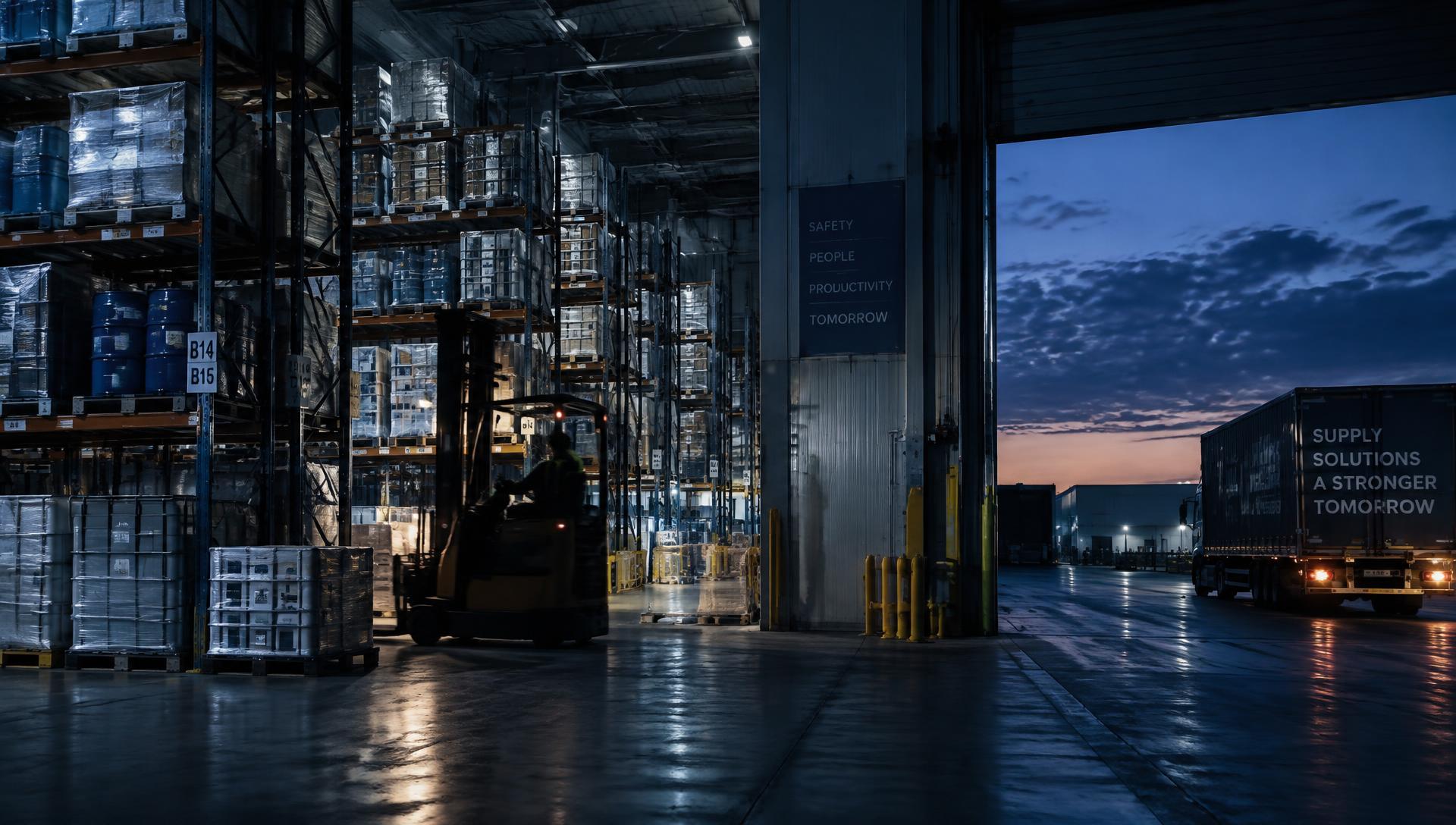 Distribution warehouse with palletized industrial goods and a loading bay at dusk